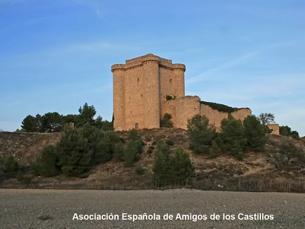 Castillo de piedra sobre cerro con pinos alrededor