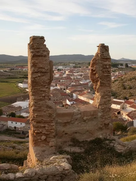 Ruinas de un muro de piedra en una ladera, con vistas al pueblo y montañas al fondo.