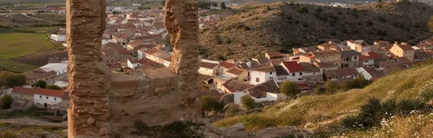 Ruinas de un muro de piedra en una ladera, con vistas al pueblo y montañas al fondo.