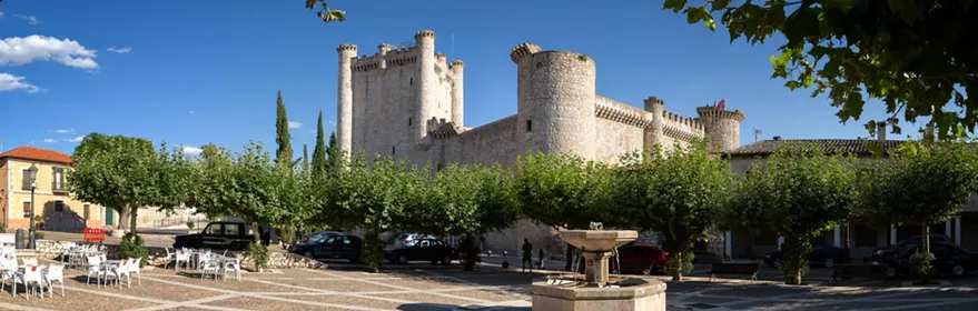 Castillo medieval junto a plaza arbolada.