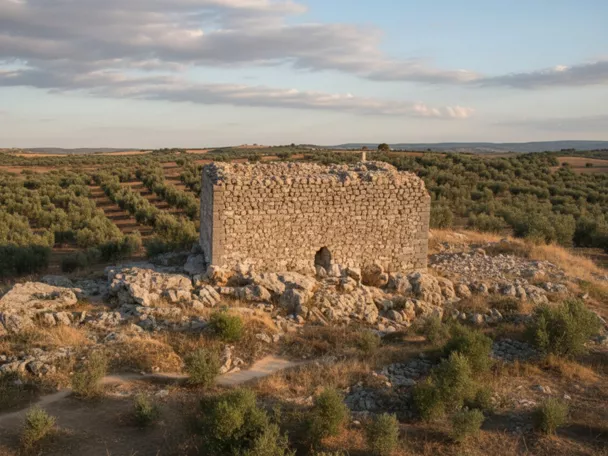 Construcción de piedra rectangular entre campos de cultivo.