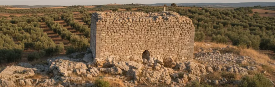 Construcción de piedra rectangular entre campos de cultivo.