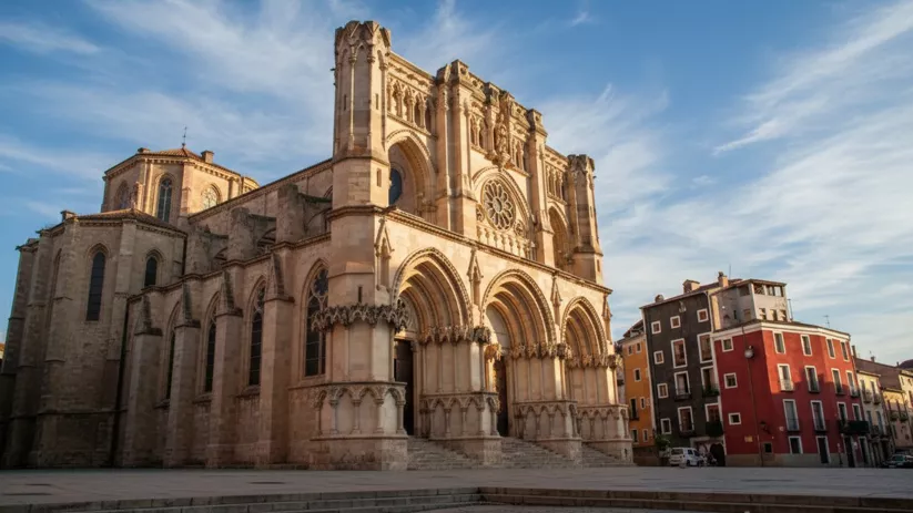 Fachada gótica de catedral en plaza monumental