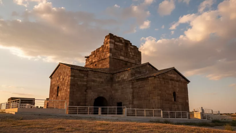 Fachada posterior de la iglesia de piedra bajo cielo con nubes, con barandilla en primer plano.