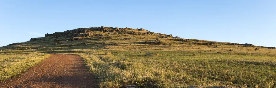 Sendero de tierra entre pradera y colina suave