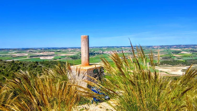 Mojón de piedra entre espigas con paisaje agrícola al fondo