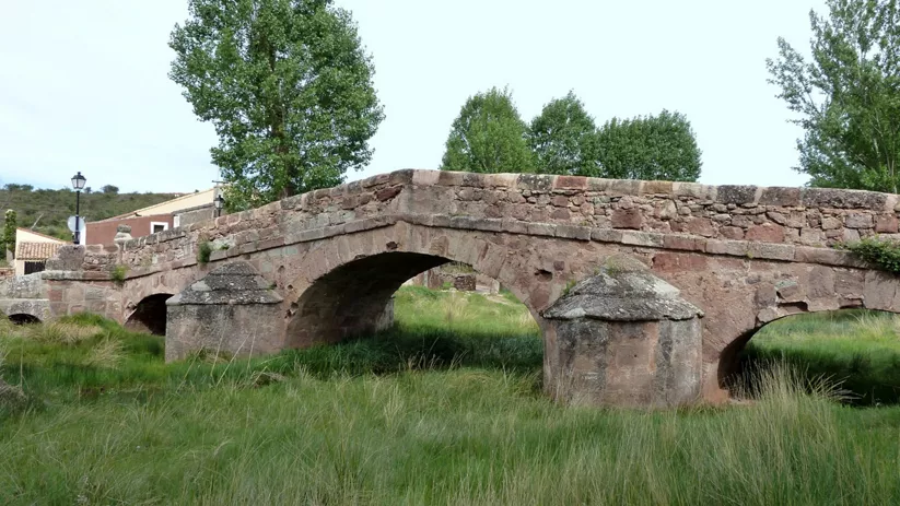 Puente de piedra sobre pradera y vegetación ribereña