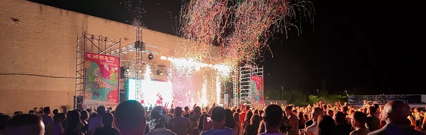 Concierto nocturno con fuegos artificiales y público