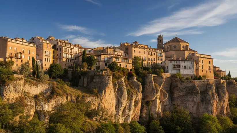 Vista panorámica de campos y montes, con el pueblo integrado en el paisaje.