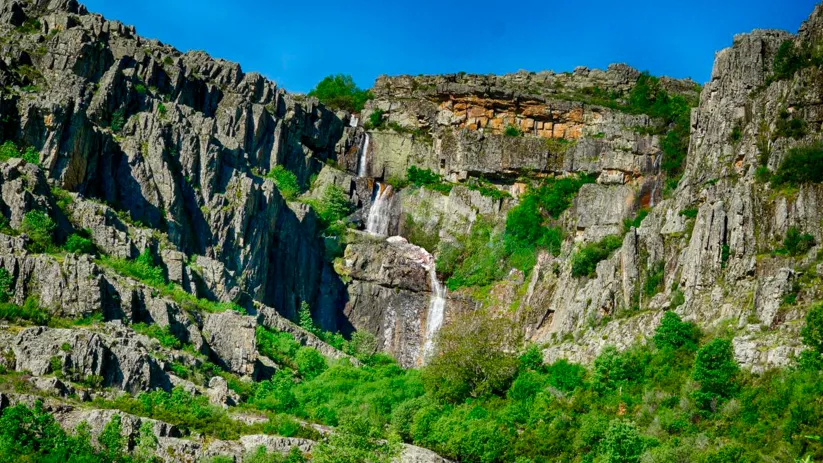 Salto de agua en cañón rocoso con abundante vegetación.