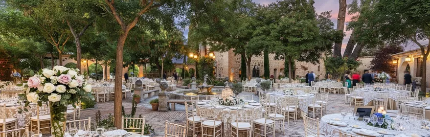 Patio ajardinado con mesas decoradas alrededor de una fuente.