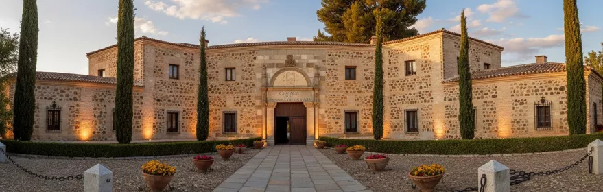 Fachada de edificio de piedra con cipreses y camino central