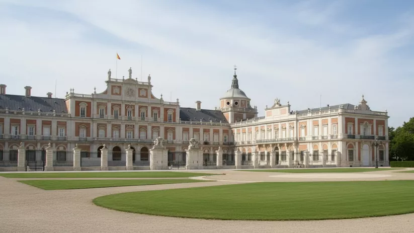 Fachada de edificio histórico con jardines y simetría clásica