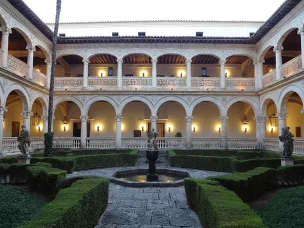 Claustro renacentista con arcos y jardín central.