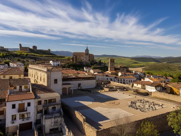 Vista panorámica de conjunto histórico con plaza elevada y paisaje verde