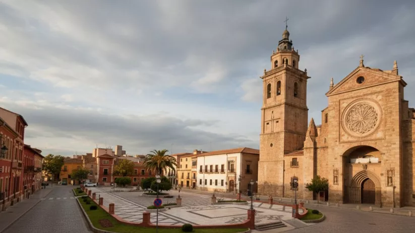 Plaza amplia con iglesia de piedra y torre junto a edificios tradicionales.