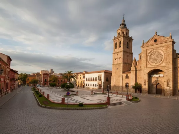 Plaza amplia con iglesia de piedra y torre junto a edificios tradicionales.
