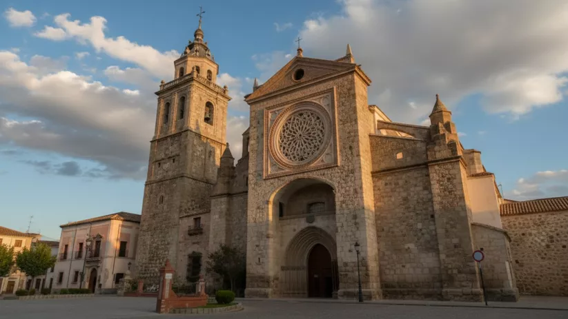 Iglesia histórica en plaza adoquinada bajo cielo parcialmente nublado al atardecer.