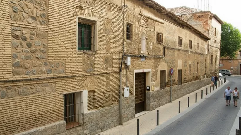 Fachada conventual de ladrillo y piedra junto a una calle