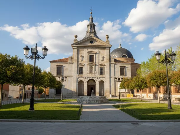 Fachada principal de iglesia con cúpula, torre y plaza ajardinada.