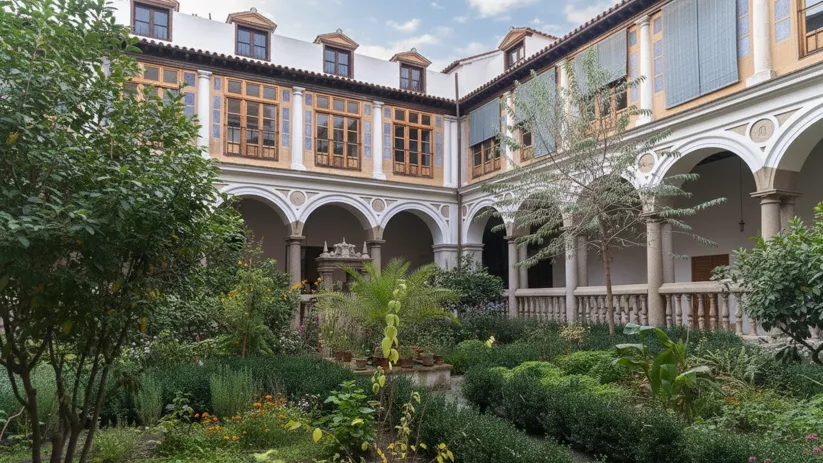 Patio con vegetación abundante rodeado de galerías porticadas