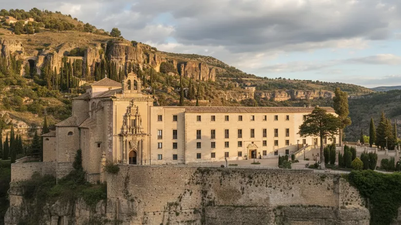 Fachada conventual frente a valle rocoso