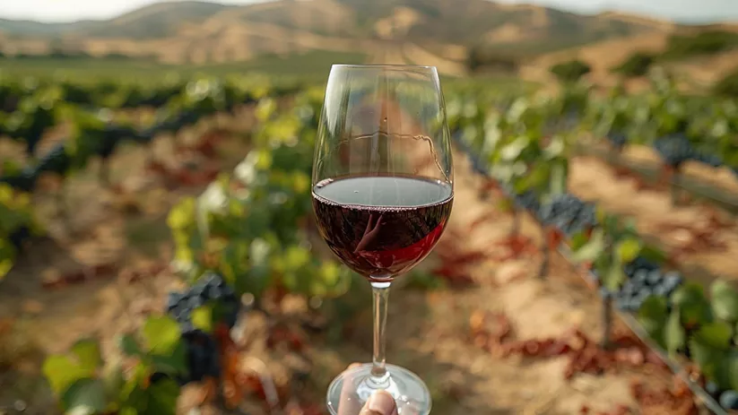 Copa de vino tinto sostenida frente a un viñedo en plena vendimia