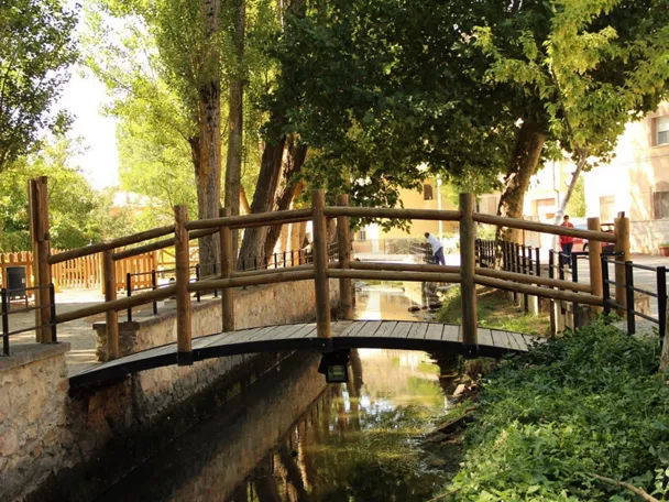 Puente de madera sobre canal rodeado de árboles