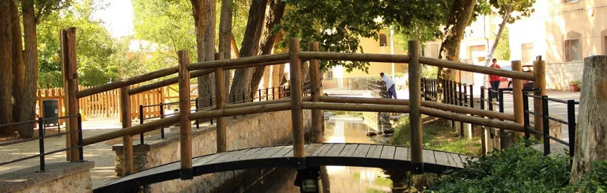 Puente de madera sobre canal rodeado de árboles