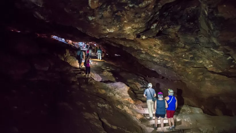Personas recorriendo una cueva oscura por pasarelas y escalones de madera.