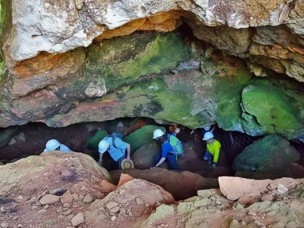 Grupo descendiendo por una abertura de cueva cubierta de musgo.