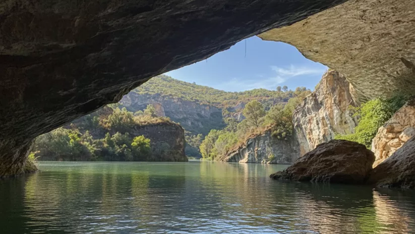 Vista desde cueva hacia lago y acantilados