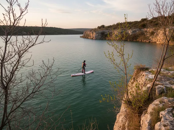 Persona practicando paddle surf en aguas tranquilas