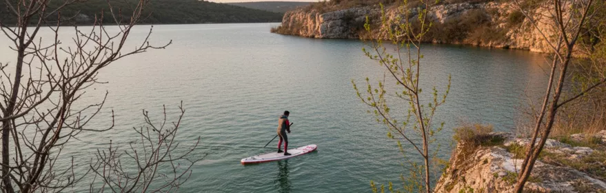 Persona practicando paddle surf en aguas tranquilas