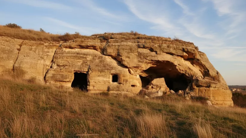 Cuevas talladas en ladera con entradas rectangulares
