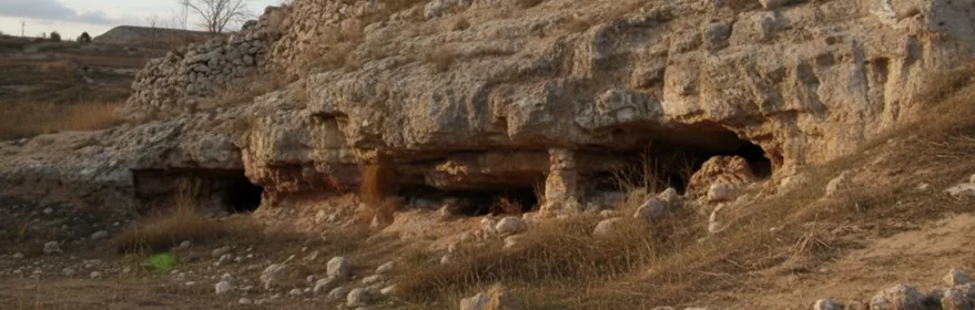 Viviendas excavadas en roca junto a muralla de piedra