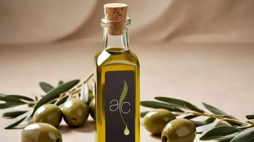 Botella de aceite de oliva virgen extra rodeada de aceitunas y hojas de olivo