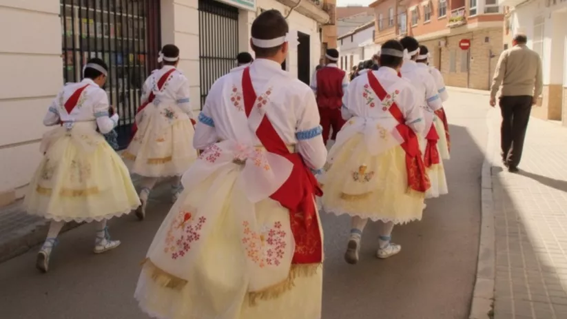Participantes con trajes tradicionales caminando por una calle durante una fiesta.