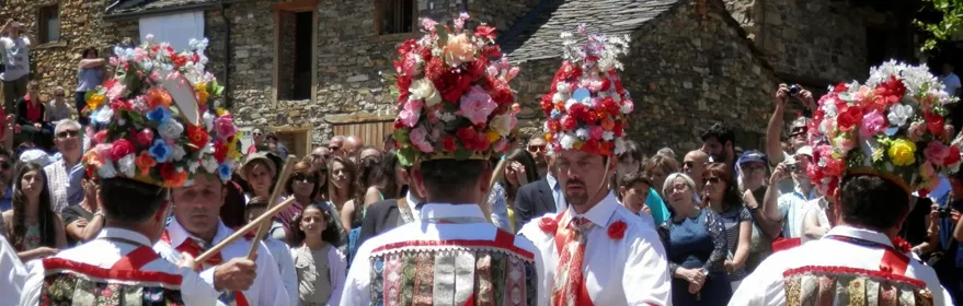 Danzantes tradicionales con sombreros florales.