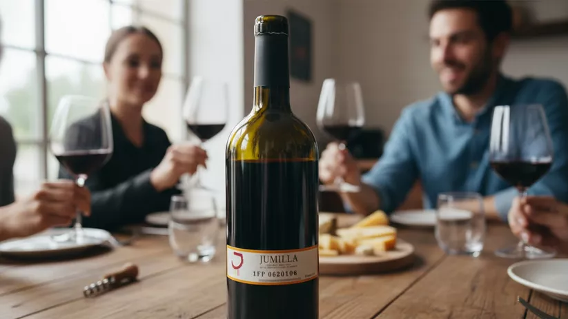 Botella de vino en primer plano con personas brindando con copas alrededor de una mesa.