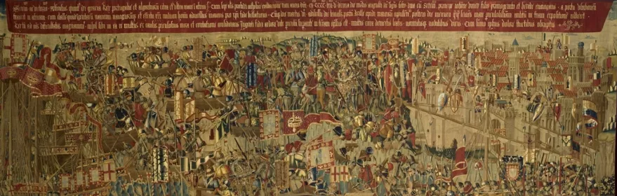 Tapiz histórico con escena de batalla medieval y ciudad amurallada
