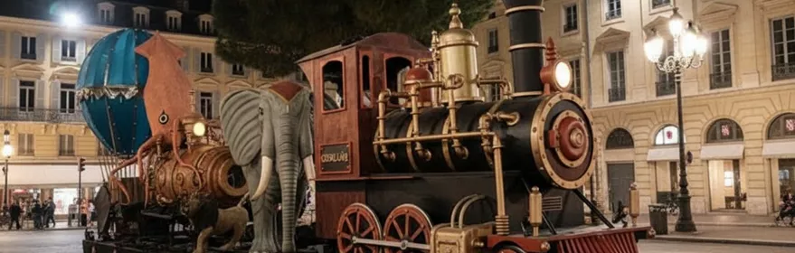 Carroza temática con locomotora antigua, elefante y globo aerostático en desfile nocturno.