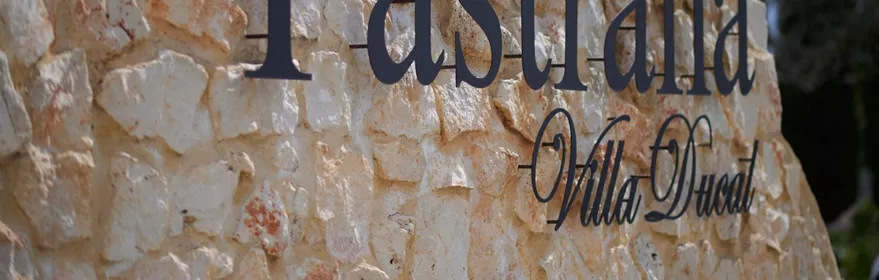 Letrero de piedra en entrada de villa histórica