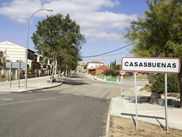 Entrada a núcleo urbano con señal de población y calle arbolada