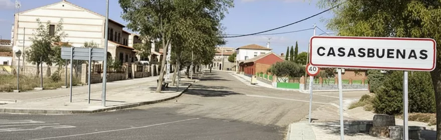 Entrada a núcleo urbano con señal de población y calle arbolada