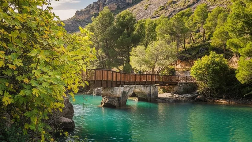 Puente de madera sobre río turquesa