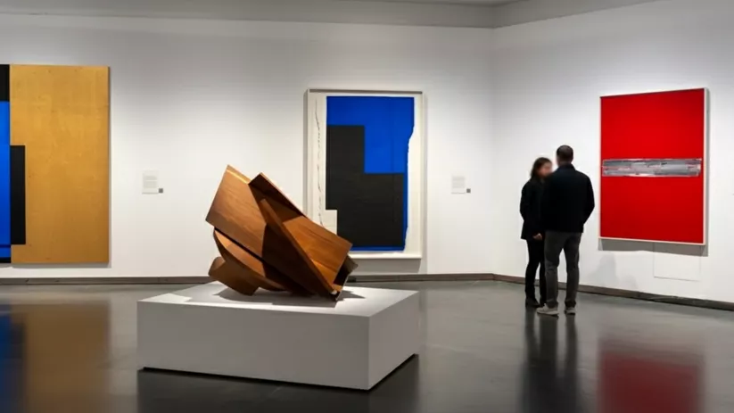 Escultura geométrica de madera frente a cuadros de colores intensos.