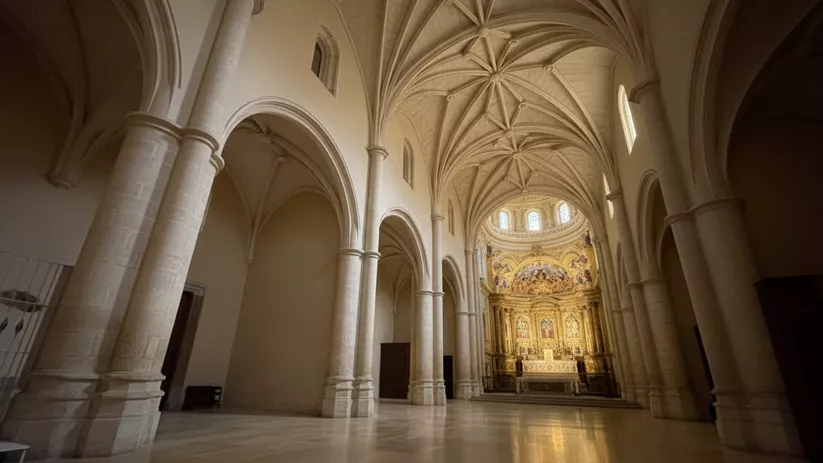 Nave amplia con bóvedas de piedra y altar dorado al fondo.