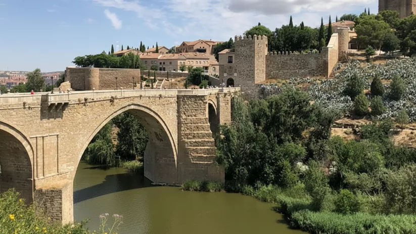 Puente de piedra sobre río con muralla al fondo