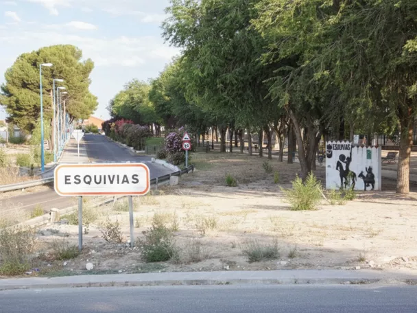 Acceso urbano con señalización y arbolado junto a la carretera.